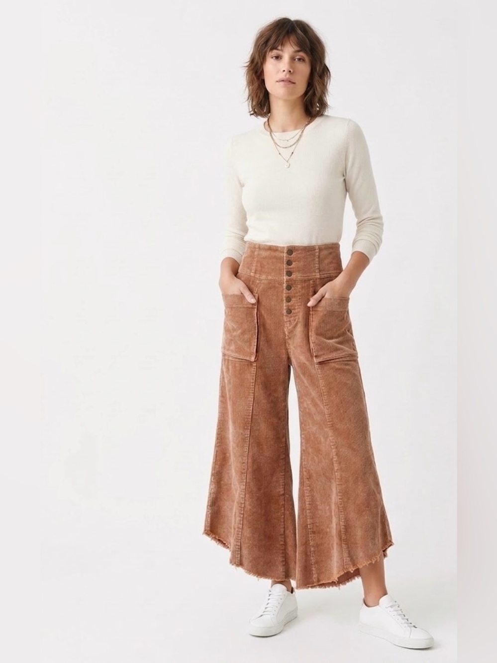 Annie Wear $68 NWT Rust Brown Corduroy WideLeg High rise Raw Hem Pants XL